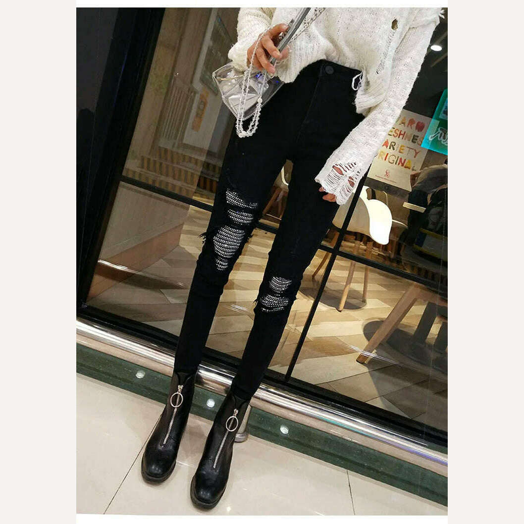KIMLUD, Spring Autumn Hole Sequined Jeans Women Streetwear High Elastic Stretch Skinny Pencil Pants Female Denim Trousers, KIMLUD Womens Clothes