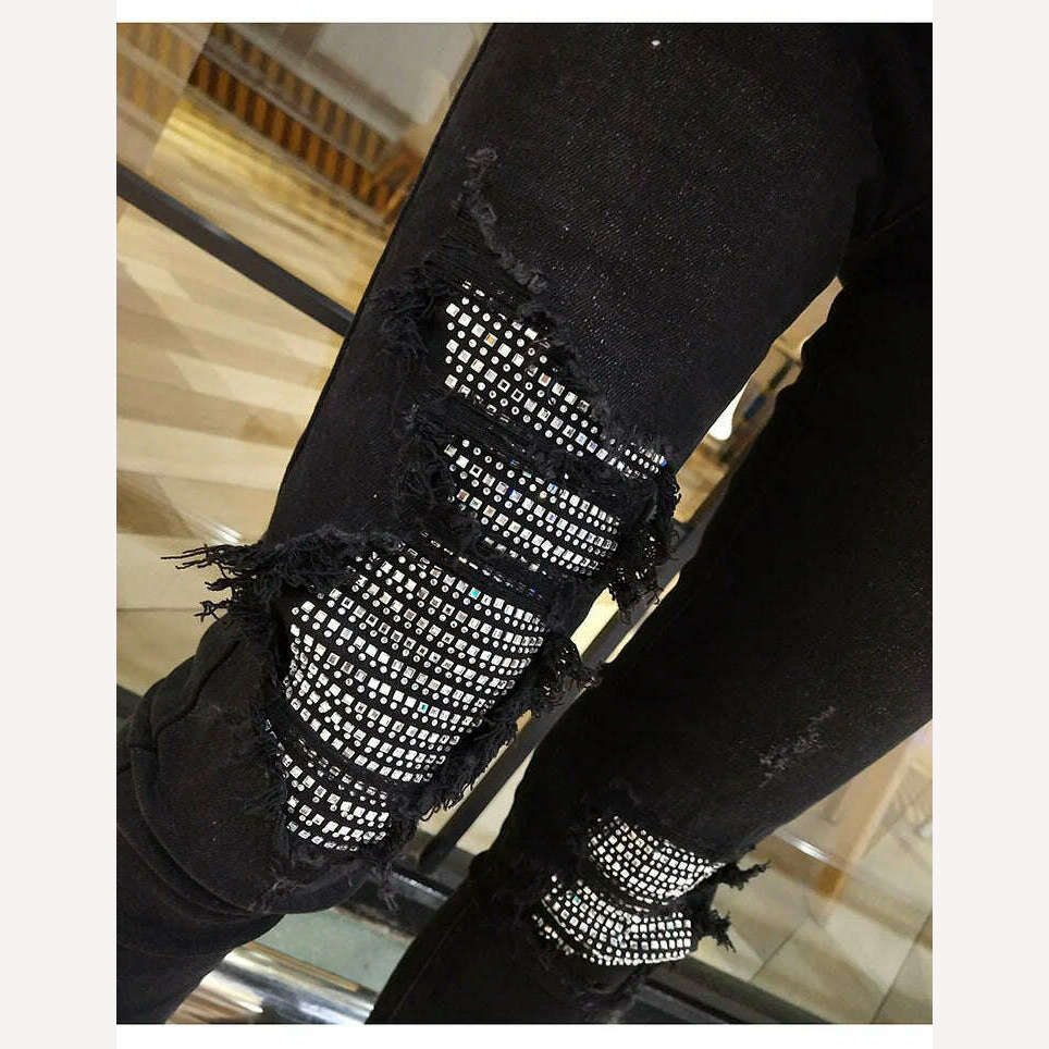 KIMLUD, Spring Autumn Hole Sequined Jeans Women Streetwear High Elastic Stretch Skinny Pencil Pants Female Denim Trousers, KIMLUD Womens Clothes