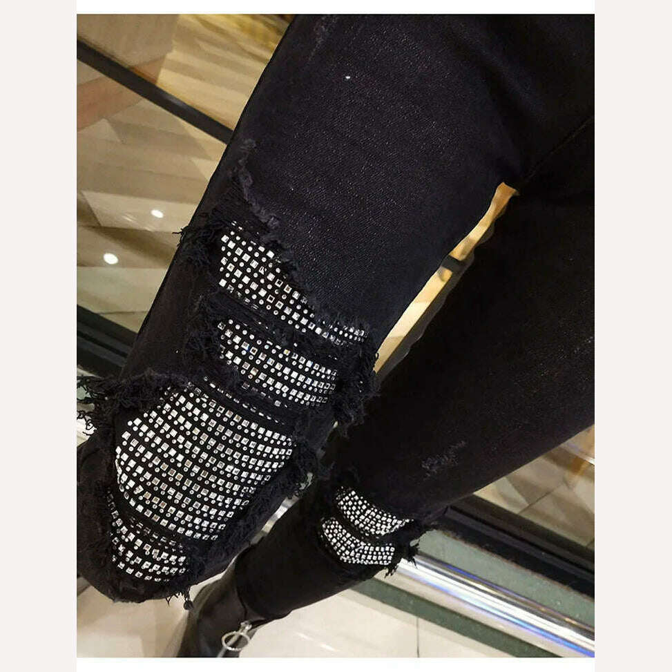 KIMLUD, Spring Autumn Hole Sequined Jeans Women Streetwear High Elastic Stretch Skinny Pencil Pants Female Denim Trousers, KIMLUD Womens Clothes