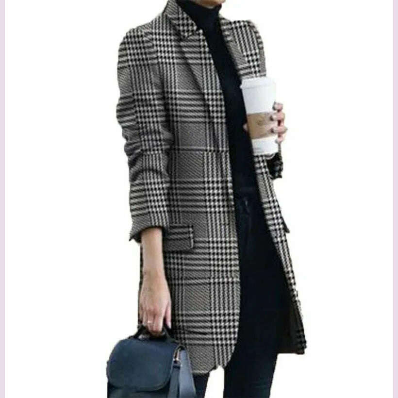 KIMLUD, Spring Autumn Hot Sale 12 Color S-5xl Size Check Coat Fashion Print Mock Neck Coat Top Street Trend Single Casual Girl Suit Coat, KIMLUD Womens Clothes