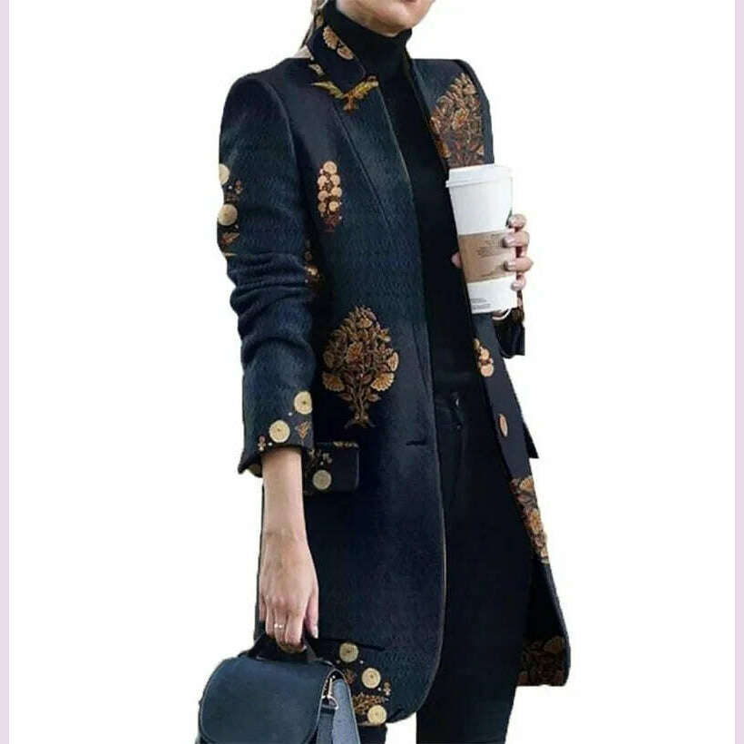 KIMLUD, Spring Autumn Hot Sale 12 Color S-5xl Size Check Coat Fashion Print Mock Neck Coat Top Street Trend Single Casual Girl Suit Coat, KIMLUD Womens Clothes