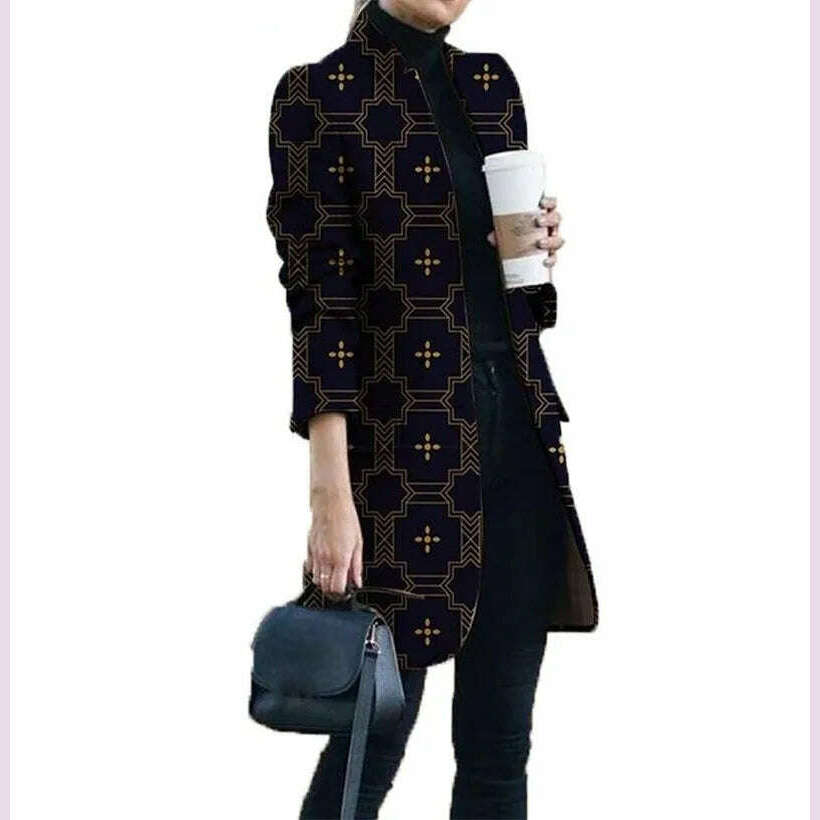 KIMLUD, Spring Autumn Hot Sale 12 Color S-5xl Size Check Coat Fashion Print Mock Neck Coat Top Street Trend Single Casual Girl Suit Coat, KIMLUD Womens Clothes