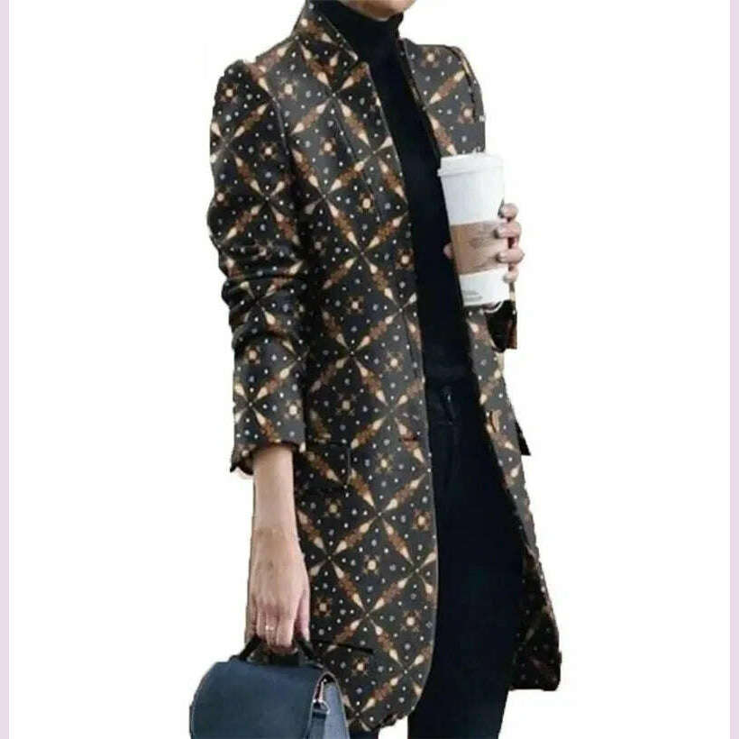 KIMLUD, Spring Autumn Hot Sale 12 Color S-5xl Size Check Coat Fashion Print Mock Neck Coat Top Street Trend Single Casual Girl Suit Coat, 2 / S, KIMLUD APPAREL - Womens Clothes