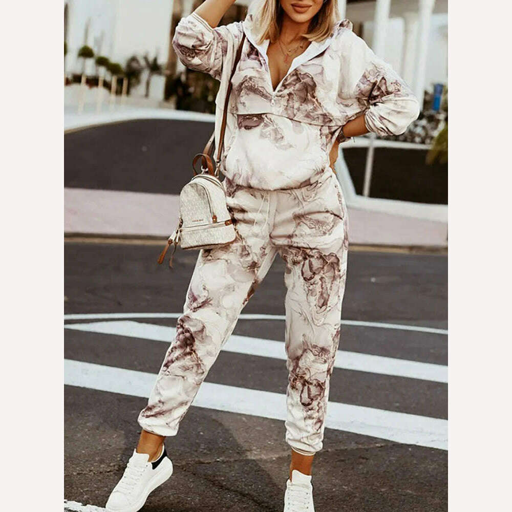 Spring Autumn Lady Casual Long Pants Suit Women Patchwork Zip Top Print Trousers Set Loose High Waist Pants Two Piece Set Outfit - KIMLUD
