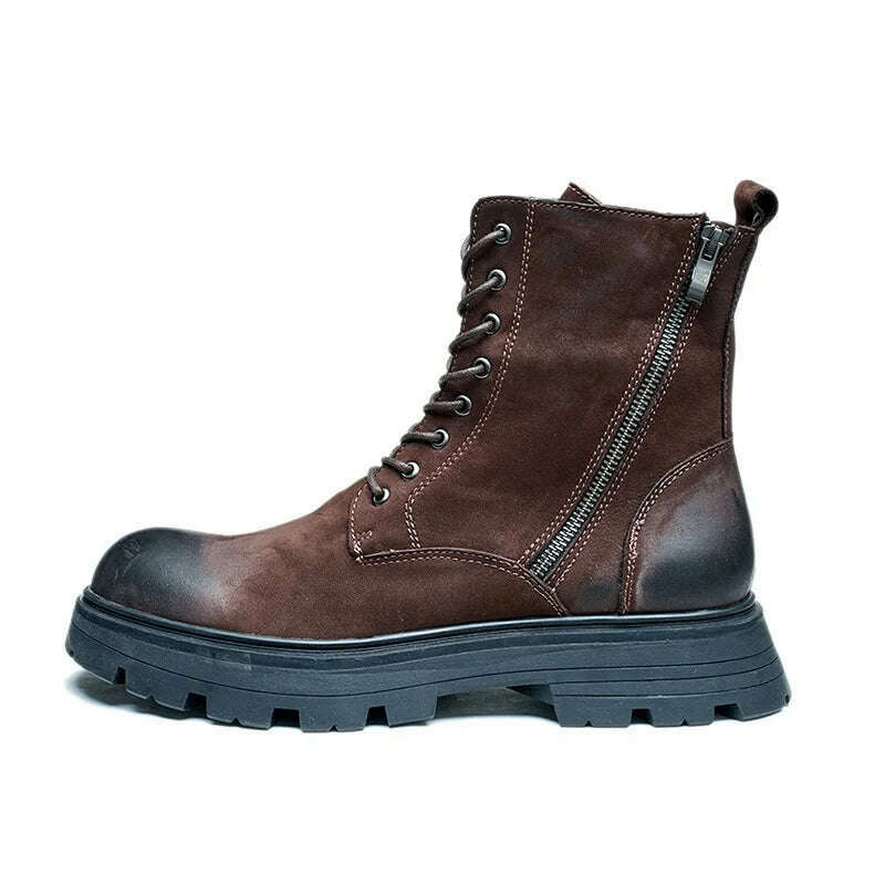 KIMLUD, Spring Autumn New British Style Chunky Bottom Platform Sewing Cross-tied Genuine Leather Men Ankle Short Motorcycle Boots 2308, Coffee / 6, KIMLUD APPAREL - Womens Clothes