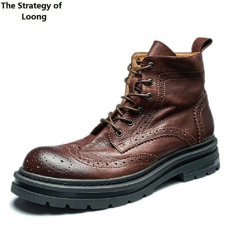 Spring Autumn New British Style Retro Chunky Bottom Platform Genuine Leather Men Short High Top Brogue Motorcycle Boots 2307 - KIMLUD