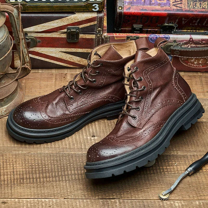 Spring Autumn New British Style Retro Chunky Bottom Platform Genuine Leather Men Short High Top Brogue Motorcycle Boots 2307 - KIMLUD