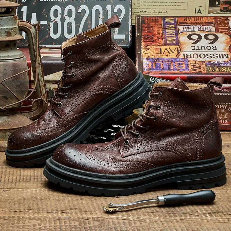 Spring Autumn New British Style Retro Chunky Bottom Platform Genuine Leather Men Short High Top Brogue Motorcycle Boots 2307 - KIMLUD
