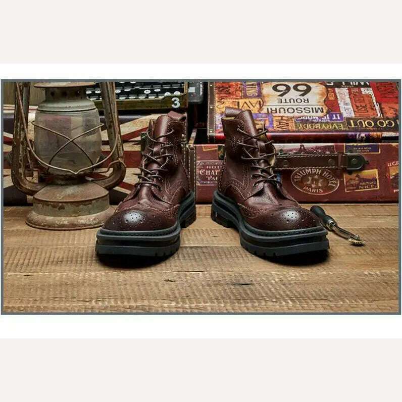 Spring Autumn New British Style Retro Chunky Bottom Platform Genuine Leather Men Short High Top Brogue Motorcycle Boots 2307 - KIMLUD