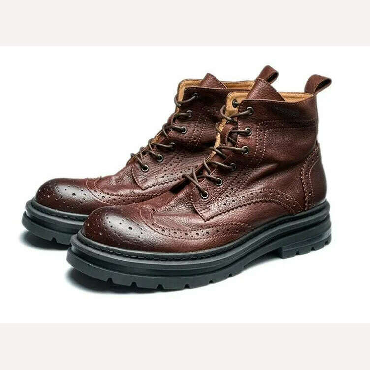 Spring Autumn New British Style Retro Chunky Bottom Platform Genuine Leather Men Short High Top Brogue Motorcycle Boots 2307 - KIMLUD