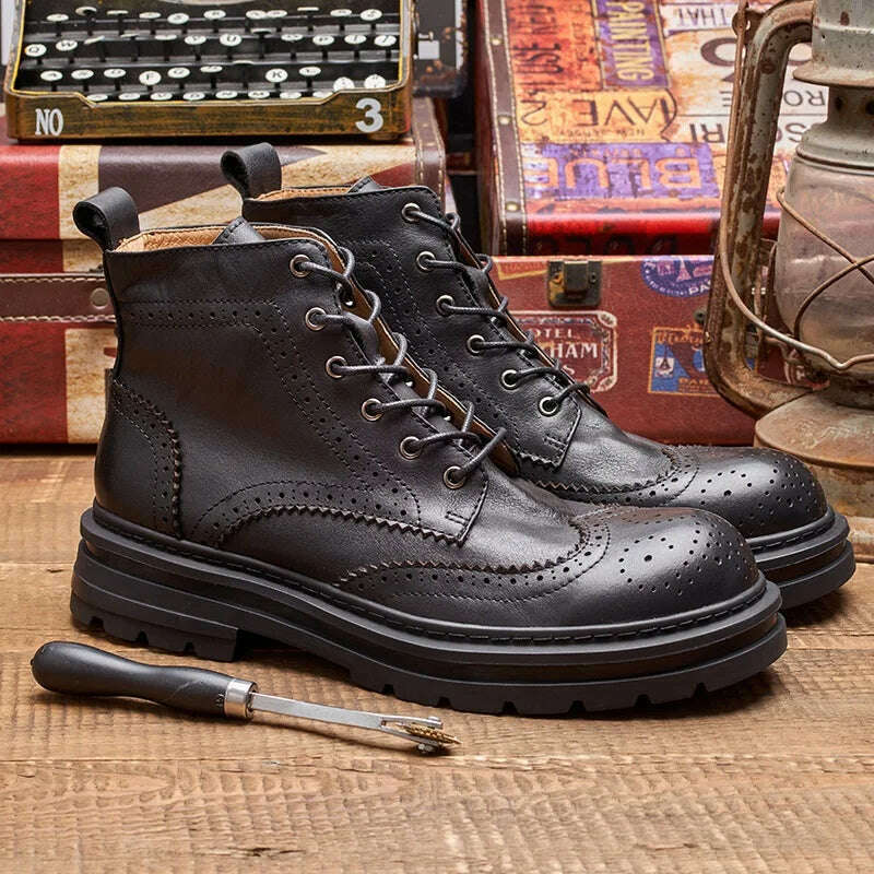 Spring Autumn New British Style Retro Chunky Bottom Platform Genuine Leather Men Short High Top Brogue Motorcycle Boots 2307 - KIMLUD