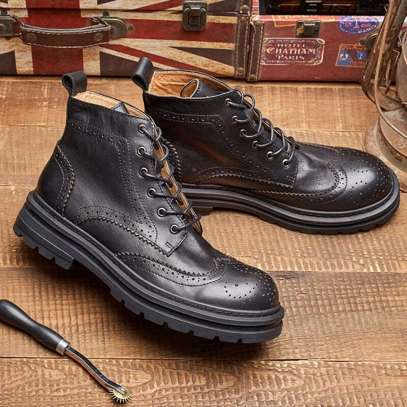 Spring Autumn New British Style Retro Chunky Bottom Platform Genuine Leather Men Short High Top Brogue Motorcycle Boots 2307 - KIMLUD