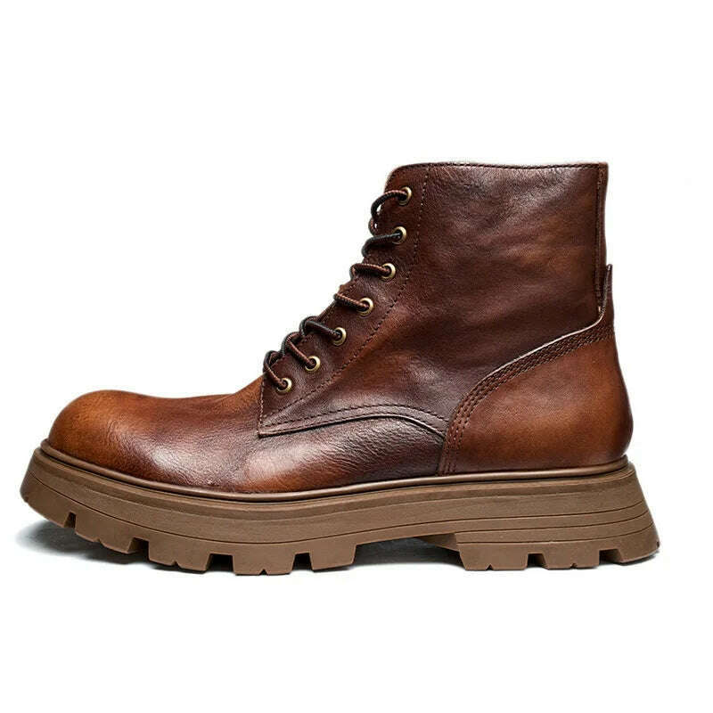 KIMLUD, Spring Autumn New British Style Retro Chunky Bottom Sewing Cross-tied Full Grain Leather Men Ankle Short Motorcycle Boots 2307, Coffee / 6, KIMLUD APPAREL - Womens Clothes