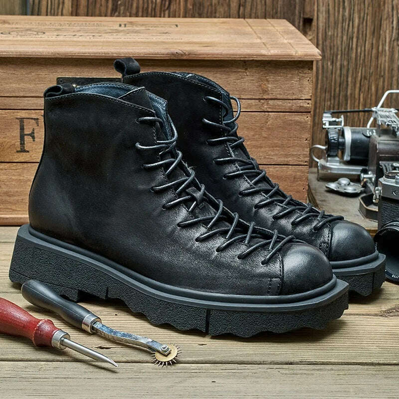 Spring Autumn New British Style Retro Chunky Bottom Sewing Cross-tied Genuine Leather Men Ankle High Top Work Safety Boots 2308 - KIMLUD