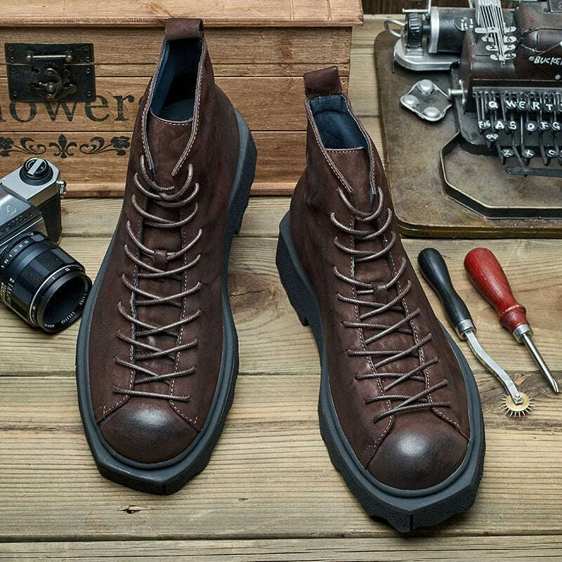 Spring Autumn New British Style Retro Chunky Bottom Sewing Cross-tied Genuine Leather Men Ankle High Top Work Safety Boots 2308 - KIMLUD