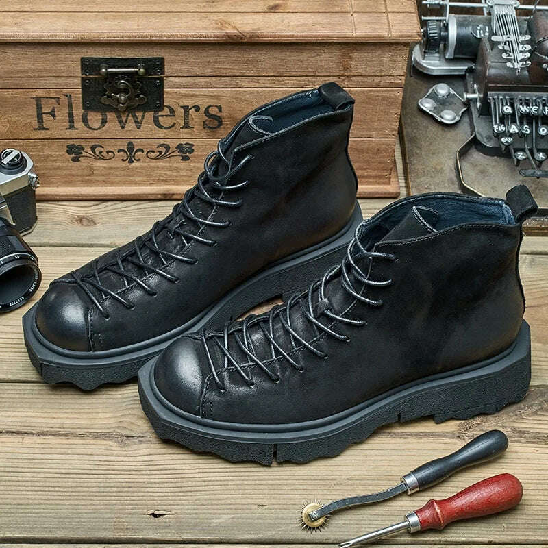 Spring Autumn New British Style Retro Chunky Bottom Sewing Cross-tied Genuine Leather Men Ankle High Top Work Safety Boots 2308 - KIMLUD