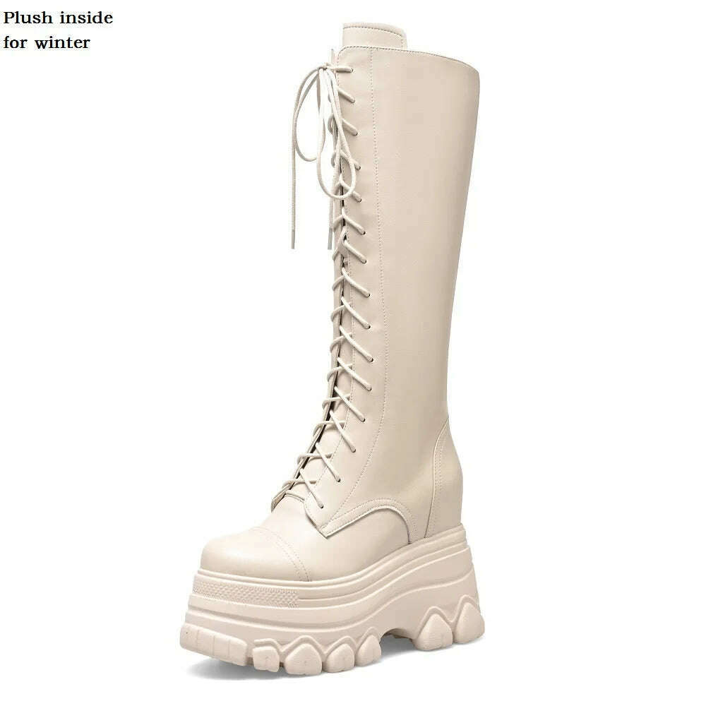 KIMLUD, Spring Autumn New Slim Height Increasing Platform Cross-tied Genuine Leather Women Knee-High Long Modern Boots Winter Plush 2308, Winter Beige / 4.5, KIMLUD APPAREL - Womens Clothes