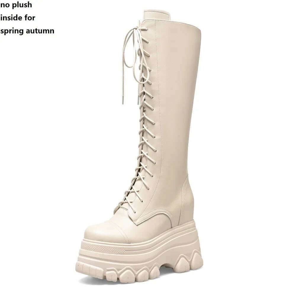KIMLUD, Spring Autumn New Slim Height Increasing Platform Cross-tied Genuine Leather Women Knee-High Long Modern Boots Winter Plush 2308, Spring Autumn Beige / 4.5, KIMLUD APPAREL - Womens Clothes