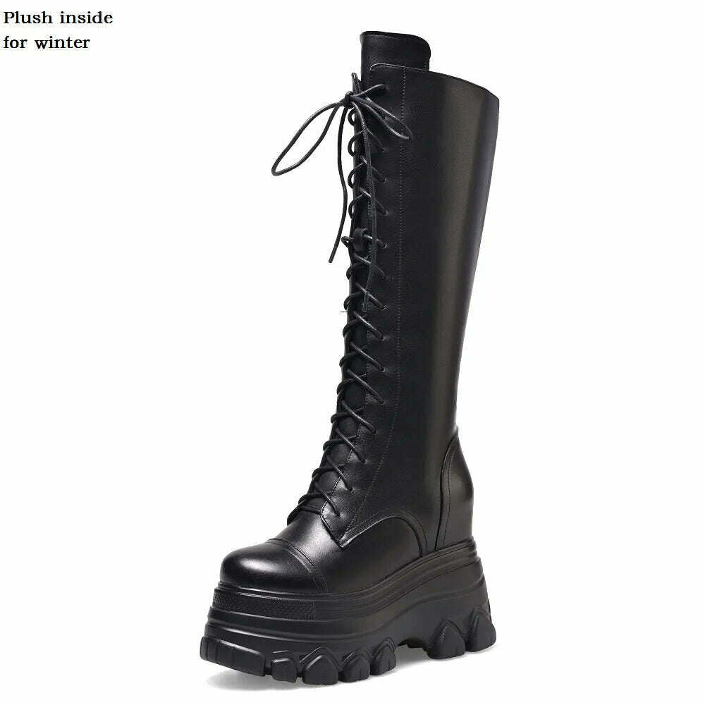 KIMLUD, Spring Autumn New Slim Height Increasing Platform Cross-tied Genuine Leather Women Knee-High Long Modern Boots Winter Plush 2308, Winter Black / 4.5, KIMLUD APPAREL - Womens Clothes