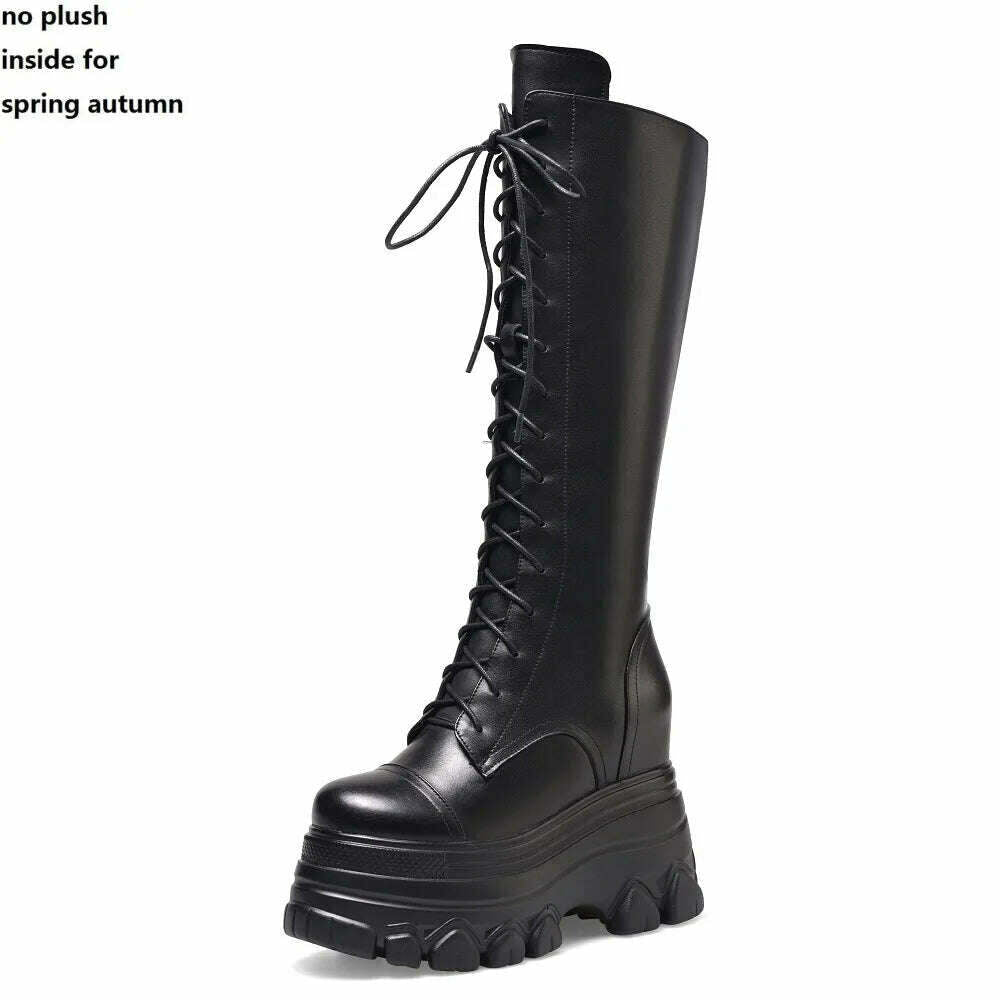 KIMLUD, Spring Autumn New Slim Height Increasing Platform Cross-tied Genuine Leather Women Knee-High Long Modern Boots Winter Plush 2308, Spring Autumn Black / 4.5, KIMLUD APPAREL - Womens Clothes
