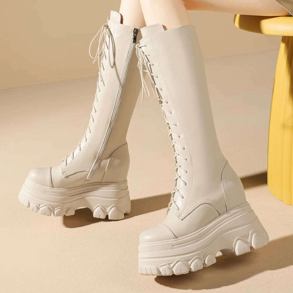 KIMLUD, Spring Autumn New Slim Height Increasing Platform Cross-tied Genuine Leather Women Knee-High Long Modern Boots Winter Plush 2308, KIMLUD Womens Clothes