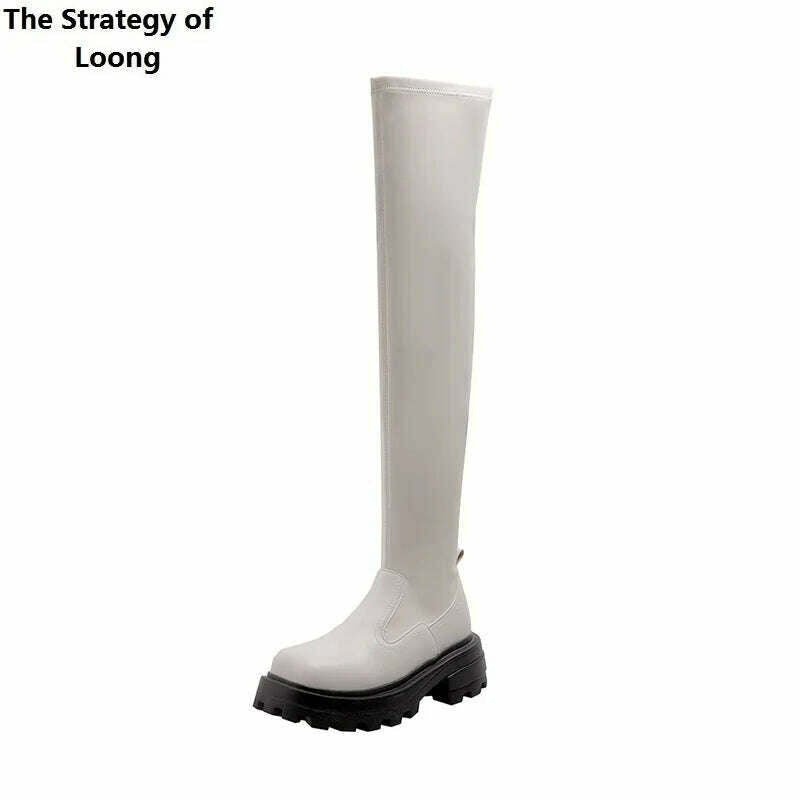 KIMLUD, Spring Autumn New Slim Thick High Heels Square Toe Platform Sewing Genuine Leather Women Over-the-Knee Long Stretch Modern Boots, KIMLUD Womens Clothes