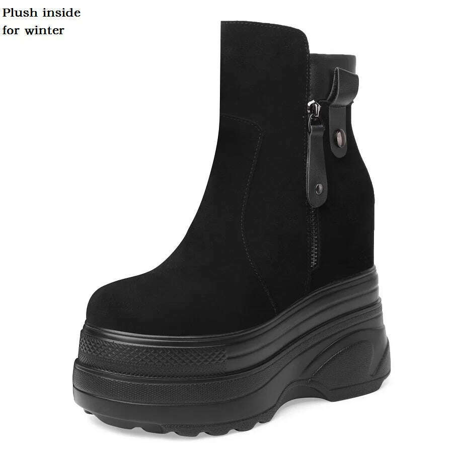 KIMLUD, Spring Autumn Slim 14CM Super High Heels Height Increasing Platform Genuine Leather Women Mid-Calf Modern Boots Winter Plush 230, Winter Black / 4.5, KIMLUD APPAREL - Womens Clothes