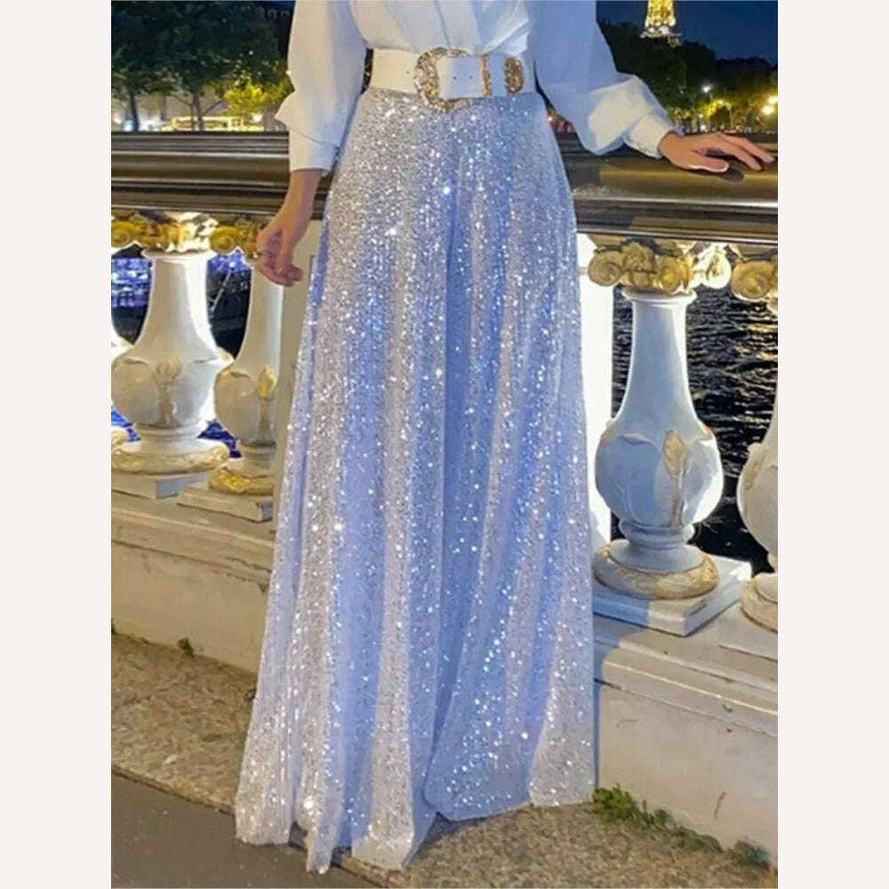 Spring Autumn Solid Color Sexy Deep V Neck Dinner Women Jumpsuit Shirt Sequins Slim Elegant Female Fashion Wide Leg Piece Pants - KIMLUD