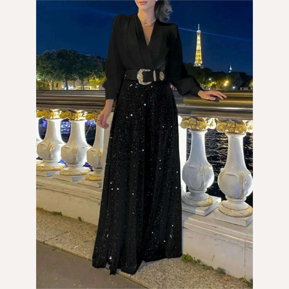 Spring Autumn Solid Color Sexy Deep V Neck Dinner Women Jumpsuit Shirt Sequins Slim Elegant Female Fashion Wide Leg Piece Pants - KIMLUD