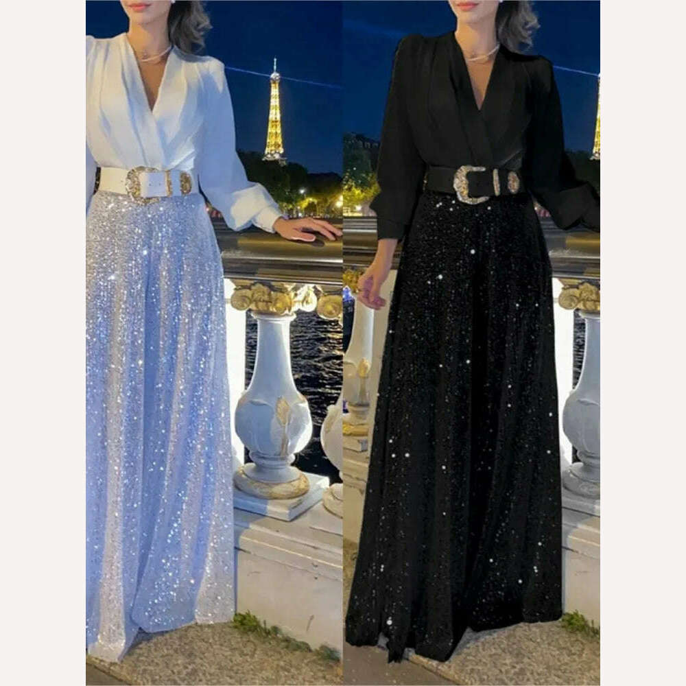 Spring Autumn Solid Color Sexy Deep V Neck Dinner Women Jumpsuit Shirt Sequins Slim Elegant Female Fashion Wide Leg Piece Pants - KIMLUD