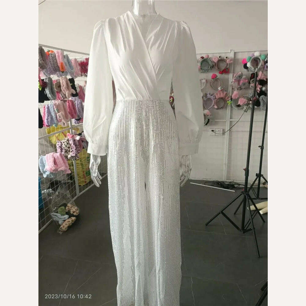 Spring Autumn Solid Color Sexy Deep V Neck Dinner Women Jumpsuit Shirt Sequins Slim Elegant Female Fashion Wide Leg Piece Pants - KIMLUD