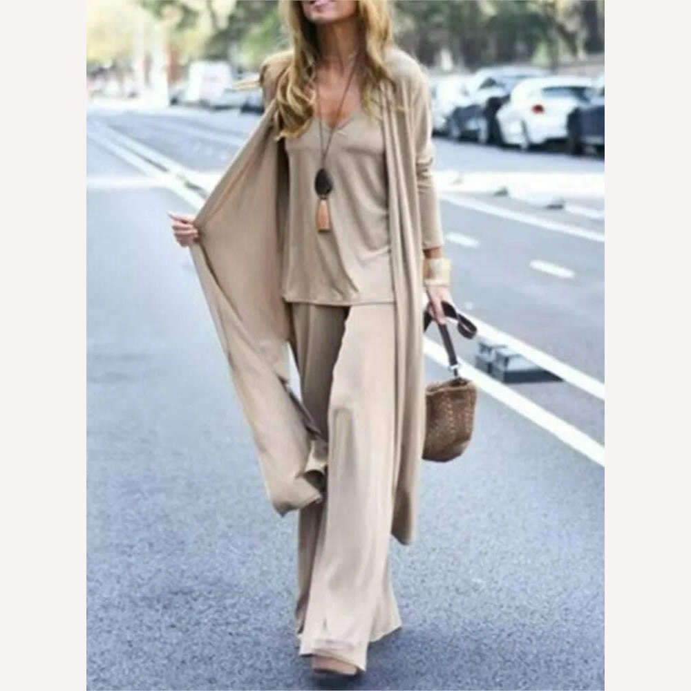 KIMLUD, Spring Autumn Women New Casual Loose 3 Piece Set Fashion V-neck Halters + Straight Pants + Long Cardigan Female Solid Color Suit, Beige / S, KIMLUD Womens Clothes