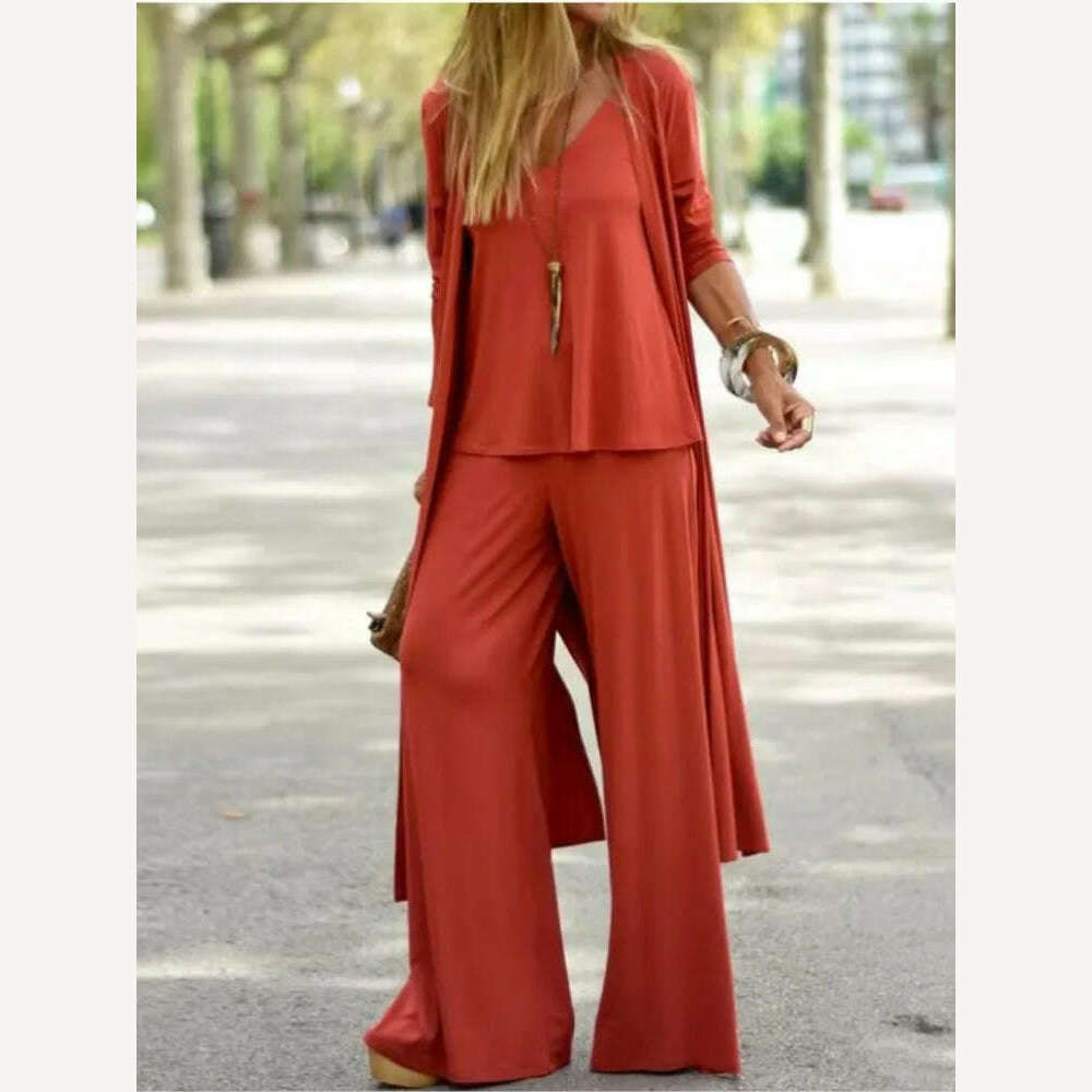 KIMLUD, Spring Autumn Women New Casual Loose 3 Piece Set Fashion V-neck Halters + Straight Pants + Long Cardigan Female Solid Color Suit, Red / S, KIMLUD Womens Clothes