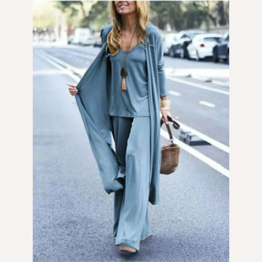 KIMLUD, Spring Autumn Women New Casual Loose 3 Piece Set Fashion V-neck Halters + Straight Pants + Long Cardigan Female Solid Color Suit, Blue / S, KIMLUD Womens Clothes