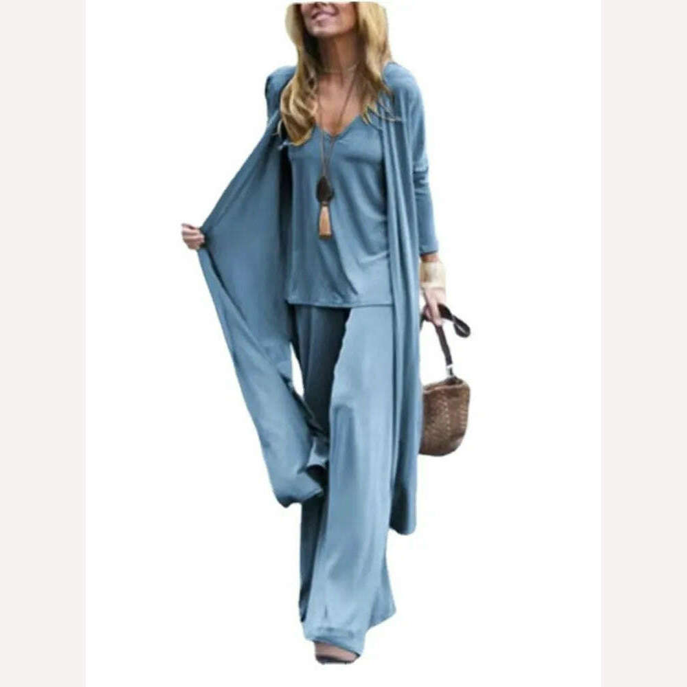 Spring Autumn Women New Casual Loose 3 Piece Set Fashion V-neck Halters + Straight Pants + Long Cardigan Female Solid Color Suit - KIMLUD