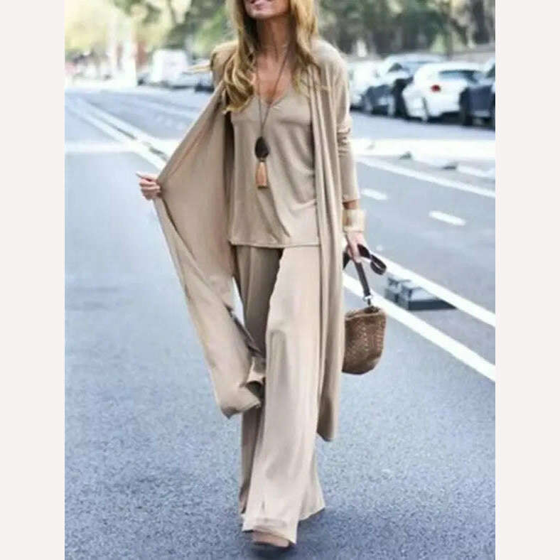 Spring Autumn Women New Casual Loose 3 Piece Set Fashion V-neck Halters + Straight Pants + Long Cardigan Female Solid Color Suit - KIMLUD