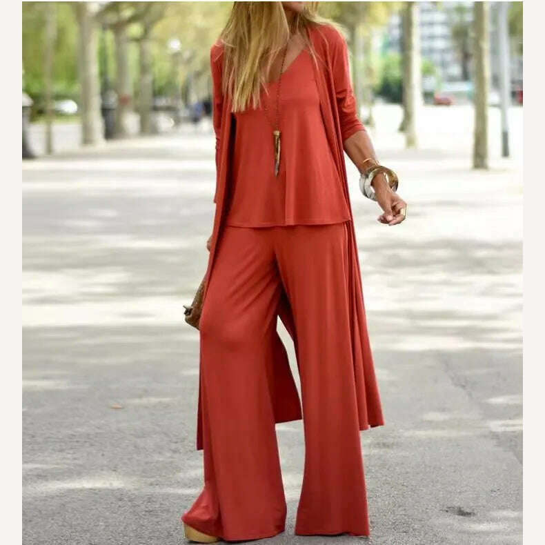 Spring Autumn Women New Casual Loose 3 Piece Set Fashion V-neck Halters + Straight Pants + Long Cardigan Female Solid Color Suit - KIMLUD