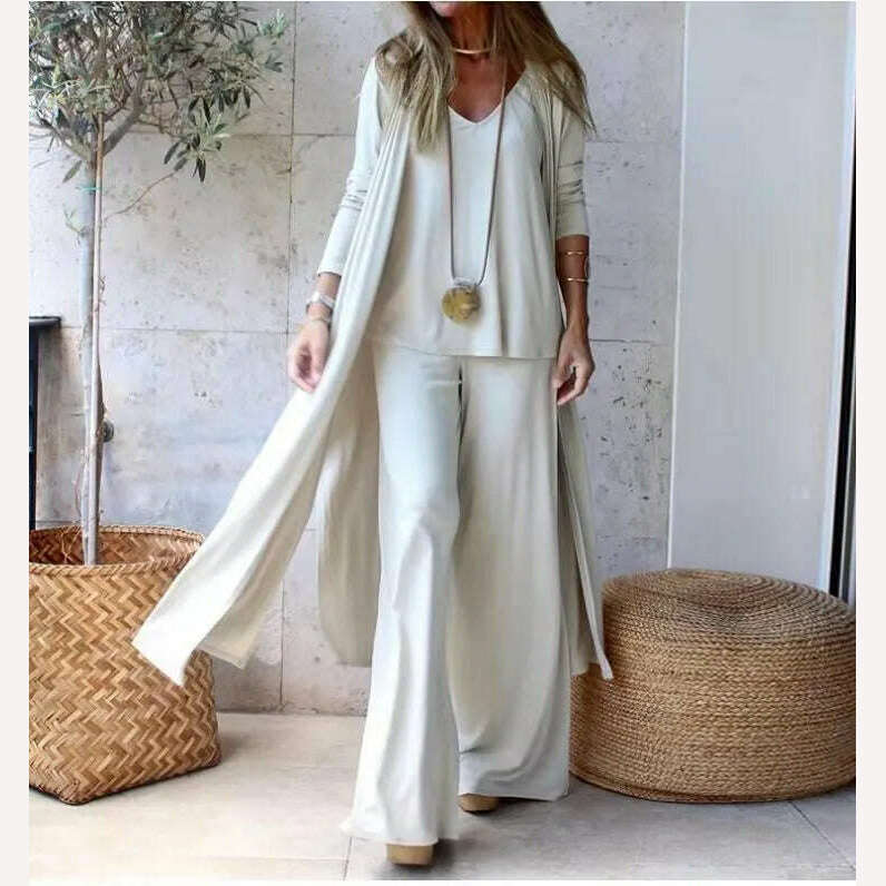 Spring Autumn Women New Casual Loose 3 Piece Set Fashion V-neck Halters + Straight Pants + Long Cardigan Female Solid Color Suit - KIMLUD
