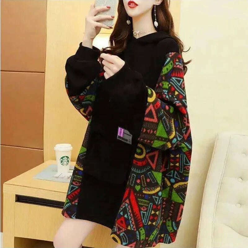 Spring Autumn Women's Sweatshirt Korean Loose Medium And Long Patchwork Print Hoodies Thin Long Sleeves Tops Female - KIMLUD