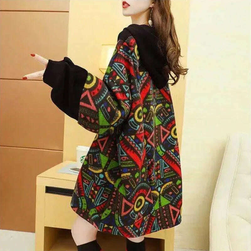 Spring Autumn Women's Sweatshirt Korean Loose Medium And Long Patchwork Print Hoodies Thin Long Sleeves Tops Female - KIMLUD