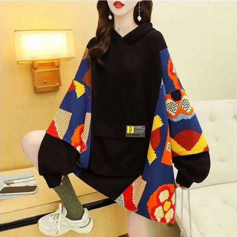 Spring Autumn Women's Sweatshirt Korean Loose Medium And Long Patchwork Print Hoodies Thin Long Sleeves Tops Female - KIMLUD