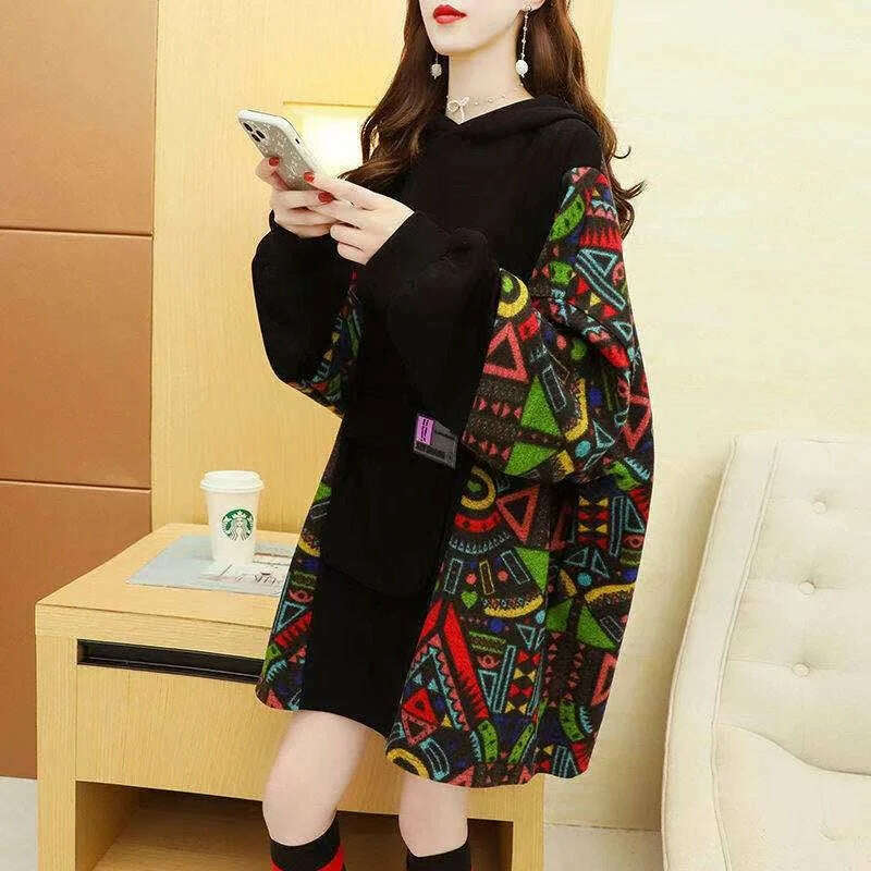 Spring Autumn Women's Sweatshirt Korean Loose Medium And Long Patchwork Print Hoodies Thin Long Sleeves Tops Female - KIMLUD