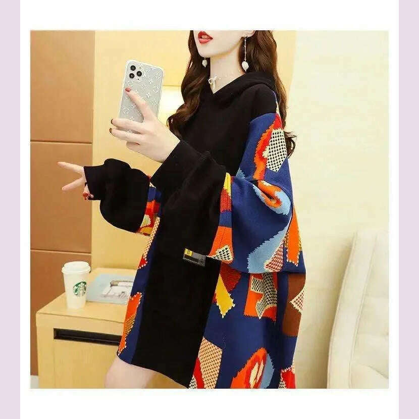 Spring Autumn Women's Sweatshirt Korean Loose Medium And Long Patchwork Print Hoodies Thin Long Sleeves Tops Female - KIMLUD