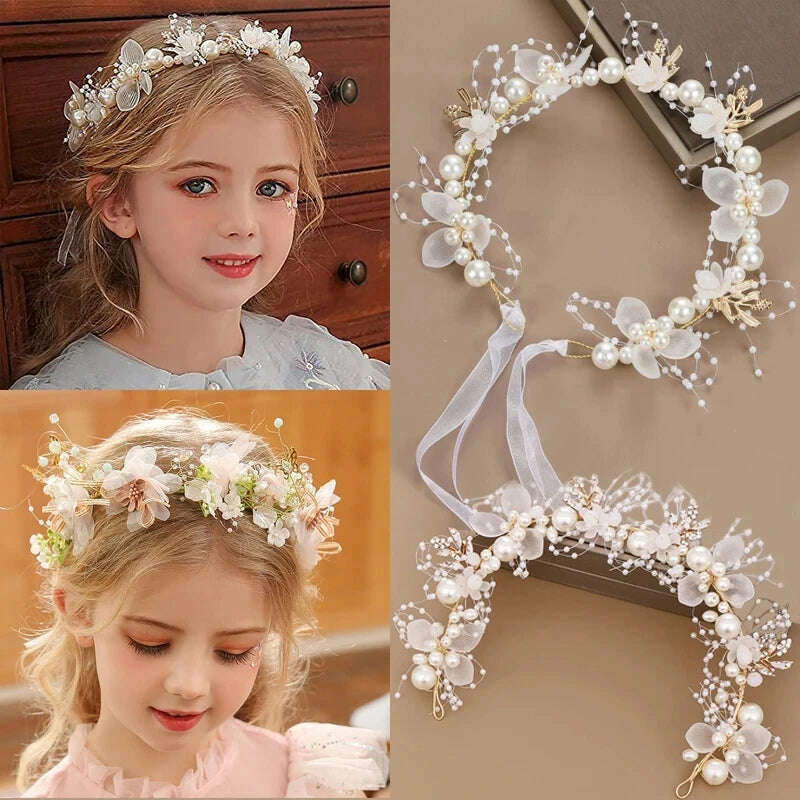 Spring Bohemian Girls Bridal Pearl Hair Headdress Flower Wreath Bride Garland Head Hoop Headbands Hair Jewelry Children Gifts - KIMLUD