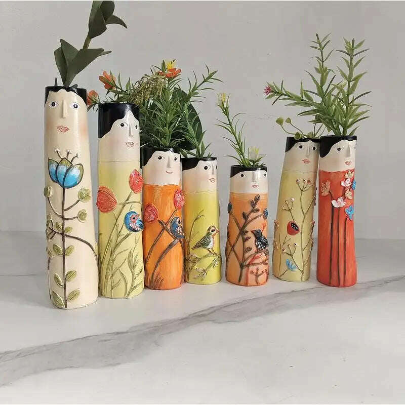 Spring Family Bud Vases Hand Painted Vase with Cute Character Bohemian Flower Plant Holder Boho Resin Vase Funny Humanoid Family - KIMLUD