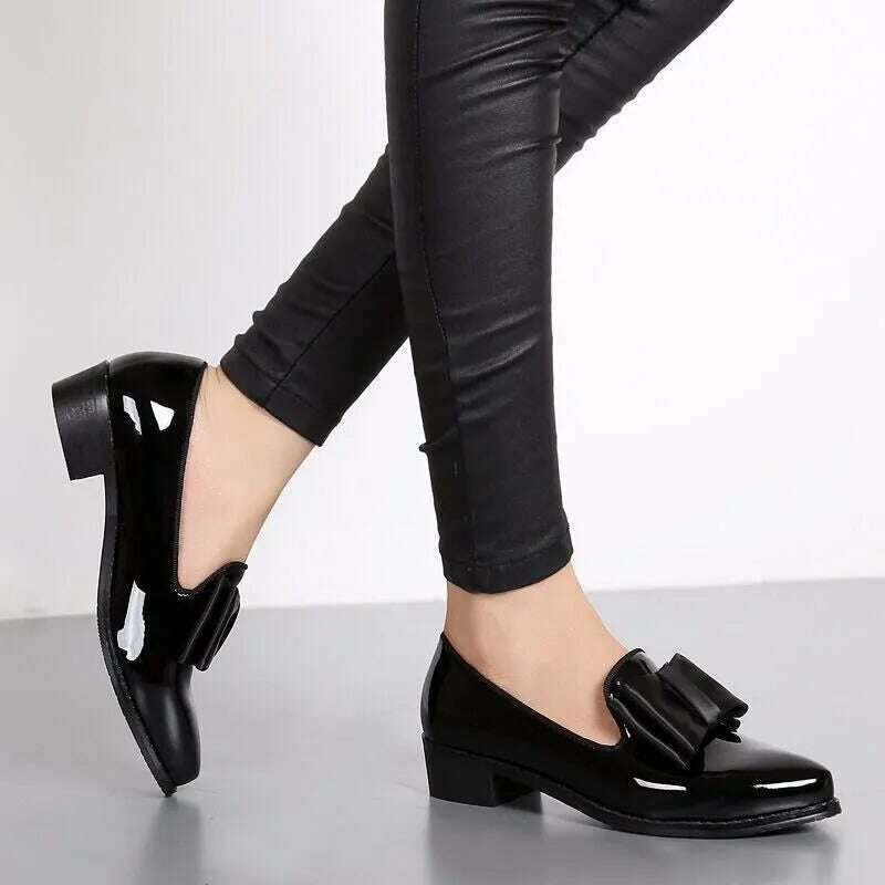 KIMLUD, Spring Flats Women Shoes Bowtie Loafers Patent Leather Women's Low Heels Slip On Footwear Female Pointed Toe Thick Heel, KIMLUD Womens Clothes