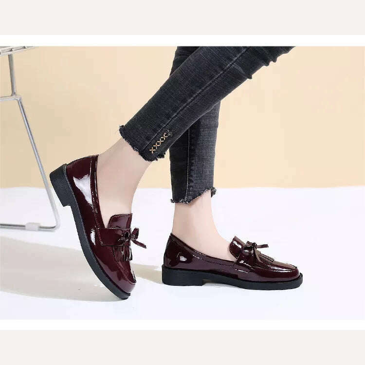 KIMLUD, Spring Flats Women Shoes Bowtie Loafers Patent Leather Women's Low Heels Slip On Footwear Female Pointed Toe Thick Heel, KIMLUD Womens Clothes