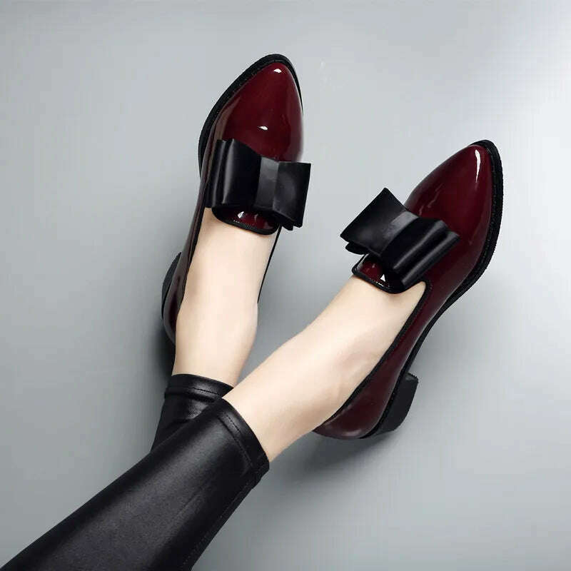 KIMLUD, Spring Flats Women Shoes Bowtie Loafers Patent Leather Women's Low Heels Slip On Footwear Female Pointed Toe Thick Heel, KIMLUD Womens Clothes