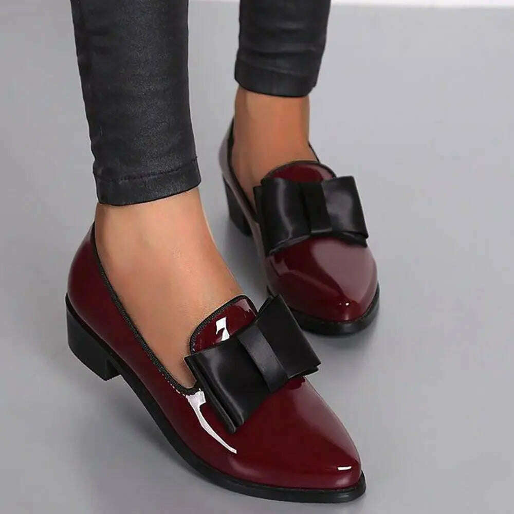 KIMLUD, Spring Flats Women Shoes Bowtie Loafers Patent Leather Women's Low Heels Slip On Footwear Female Pointed Toe Thick Heel, KIMLUD Womens Clothes