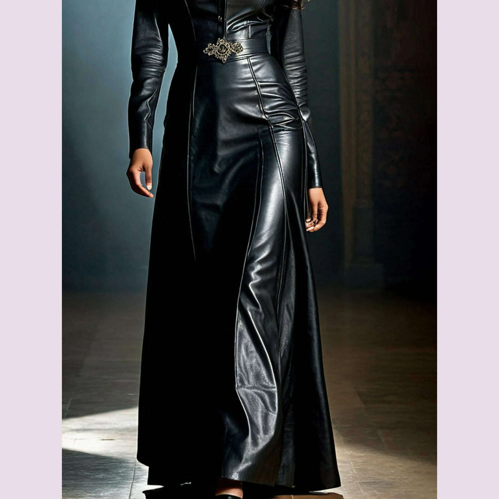 KIMLUD, Spring Maxi Dresses for Women Lapel Collar Black PU Leather Dress Women Long Sleeve Button Slim Fit Elegant Dress, KIMLUD Womens Clothes